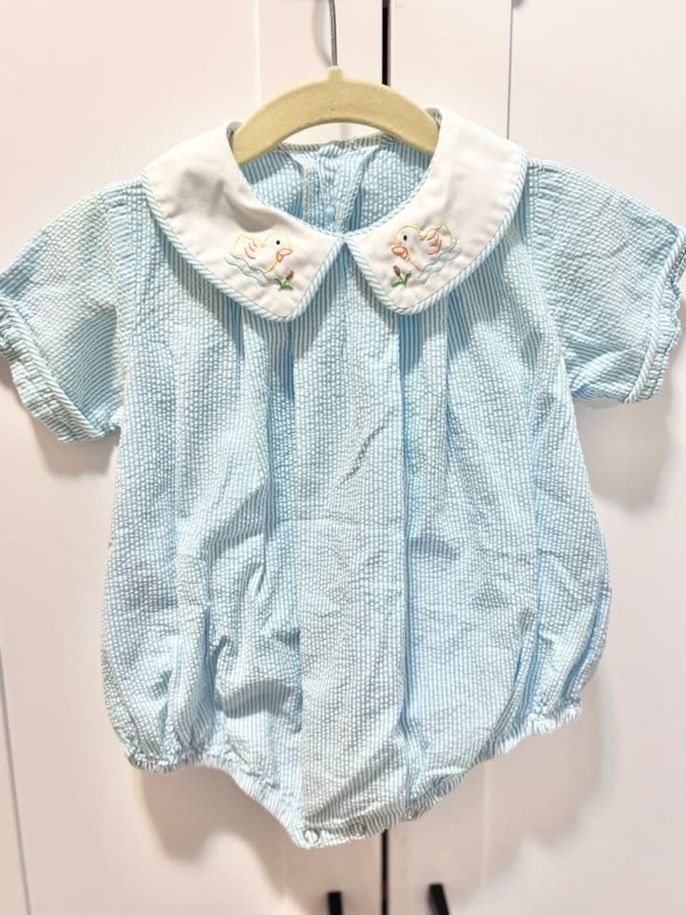Baby Blue Gingham Duck Embroidered Collar One-Piece